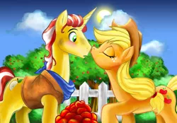 Size: 864x600 | Tagged: applejack, artist:moostargazer, derpibooru import, female, flim, flimjack, kissing, male, safe, shipping, straight