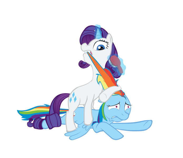 Size: 1400x1208 | Tagged: and then there's rarity, artist:whitehawke, brushie, derpibooru import, do not want, faic, forced makeover, help me, makeover, rainbow dash, rainbow dash is best facemaker, rainbow dash is not amused, rarity, safe, unamused