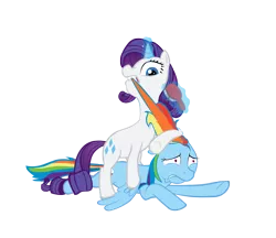 Size: 1400x1208 | Tagged: and then there's rarity, artist:whitehawke, brushie, derpibooru import, do not want, faic, forced makeover, help me, makeover, rainbow dash, rainbow dash is best facemaker, rainbow dash is not amused, rarity, safe, unamused