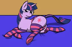 Size: 1024x670 | Tagged: suggestive, artist:omnifob, derpibooru import, twilight sparkle, pony, unicorn, clothes, female, grin, looking at you, mare, panties, smiling, socks, solo, solo female, striped socks, striped underwear, underhoof, underwear, unicorn twilight
