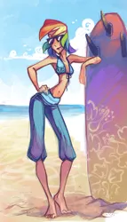 Size: 2299x4023 | Tagged: armpits, artist:holivi, barefoot, beach, derpibooru import, feet, humanized, rainbow dash, safe, skinny, solo, sunglasses, surfboard