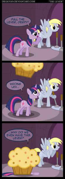 Size: 1650x4500 | Tagged: safe, artist:diegotan, derpibooru import, derpy hooves, twilight sparkle, pegasus, pony, comic, female, lever, mare, muffin, parody, pull the lever kronk!, the emperor's new groove