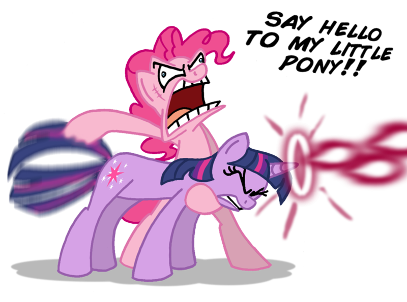 Size: 923x686 | Tagged: safe, artist:niban-destikim, derpibooru import, pinkie pie, twilight sparkle, earth pony, pony, unicorn, behaving like a weapon, duo, faic, parody, pun, say hello to my little friend, scarface, title drop, twigun