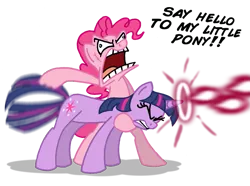 Size: 923x686 | Tagged: safe, artist:niban-destikim, derpibooru import, pinkie pie, twilight sparkle, earth pony, pony, unicorn, behaving like a weapon, duo, faic, parody, pun, say hello to my little friend, scarface, title drop, twigun