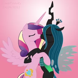 Size: 500x500 | Tagged: safe, artist:haretrinity, derpibooru import, princess cadance, queen chrysalis, alicorn, changeling, changeling queen, pony, cadalis, female, imminent kissing, kissing, lesbian, shipping