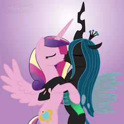Size: 500x500 | Tagged: artist:haretrinity, cadalis, changeling, changeling queen, derpibooru import, female, imminent kissing, kissing, lesbian, princess cadance, queen chrysalis, safe, shipping