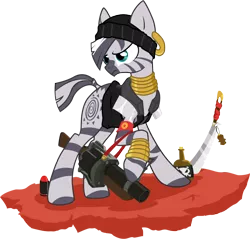 Size: 1634x1563 | Tagged: safe, artist:nun2artzy, derpibooru import, zecora, zebra, crossover, democora, demoman, female, grenade launcher, gun, mare, simple background, team fortress 2, transparent background, younger