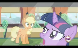 Size: 960x600 | Tagged: a canterlot wedding, applejack, derpibooru import, safe, screencap, train, twilight sparkle, youtube caption