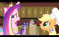 Size: 960x600 | Tagged: a canterlot wedding, applejack, derpibooru import, princess cadance, safe, screencap, spike, twilight sparkle, youtube caption