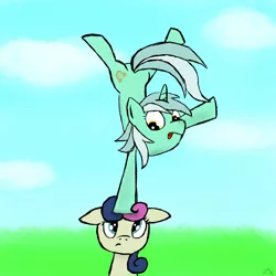 Size: 2300x2300 | Tagged: safe, artist:wonder-waffle, derpibooru import, bon bon, lyra heartstrings, sweetie drops, backbend, bon bon is not amused, duo, high res, standing, standing on one leg, tongue out, unamused