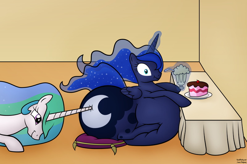 Size: 2400x1600 | Tagged: artist:jesseorange, belly, cake, derpibooru import, fat, impossibly large belly, impossibly large butt, moonbutt, plot, poking, princess celestia, princess luna, princess moonpig, questionable, series:absurdly huge luna's life