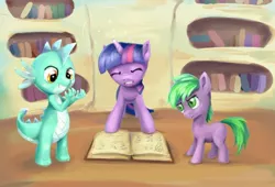 Size: 800x543 | Tagged: artist:vapgames, book, derpibooru import, dragon, dragonified, golden oaks library, library, lyra heartstrings, ponified, ponified spike, safe, species swap, spike, twilight sparkle