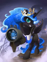 Size: 768x1024 | Tagged: safe, artist:don-ko, derpibooru import, nightmare moon, alicorn, pony, crossover, crown, demoman, eyeaduct, female, jewelry, mare, regalia, smiling, solo, team fortress 2