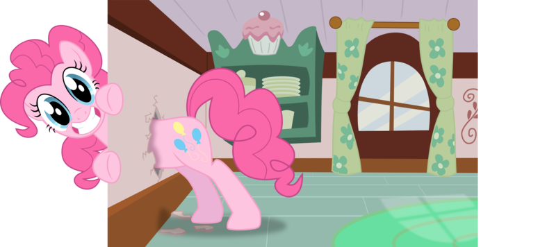 Size: 9000x4000 | Tagged: safe, artist:blackgryph0n, derpibooru import, ponibooru import, pinkie pie, earth pony, pony, absurd resolution, bipedal, breaking the fourth wall, cute, diapinkes, fourth wall, fourth wall destruction, grin, inkscape, looking at you, simple background, smiling, solo, sugarcube corner, transparent background, vector, window