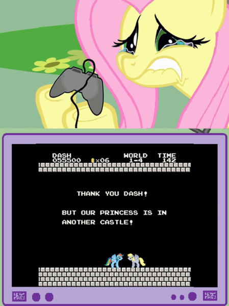 Size: 563x752 | Tagged: safe, derpibooru import, derpy hooves, fluttershy, rainbow dash, pony, exploitable meme, fluttercry, meme, super mario bros., tv meme