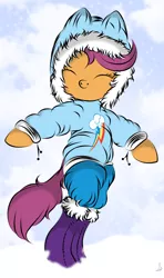 Size: 890x1506 | Tagged: safe, artist:v-d-k, derpibooru import, scootaloo, pony, bipedal, boots, clothes, cute, cutealoo, eyes closed, hoof boots, parka, snow, snow pants, solo, winter, winter outfit