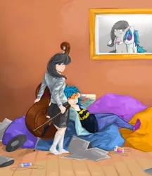 Size: 1280x1482 | Tagged: artist:n4th4niel, batman, cello, clothes, derpibooru import, duo, female, human, humanized, musical instrument, octavia melody, safe, skirt, vinyl scratch