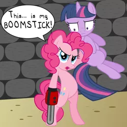 Size: 900x900 | Tagged: army of darkness, artist:lapis-lazily, ash williams, chainsaw, crossover, derpibooru import, evil dead, parody, pinkie pie, safe, this is my boomstick, twilight sparkle