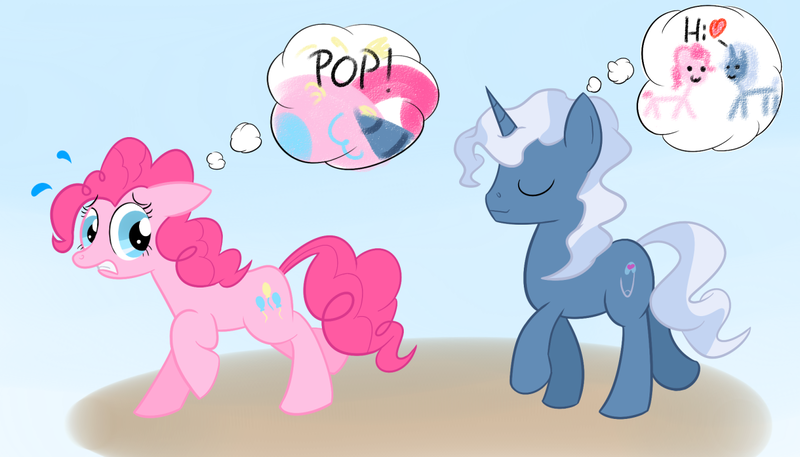 Size: 1260x720 | Tagged: safe, artist:hip-indeed, derpibooru import, pinkie pie, pokey pierce, earth pony, pony, unicorn, balloon, balloon popping, female, greatest fear, heart, male, pokeypie, shipping, straight