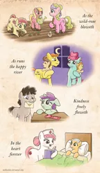 Size: 1150x2000 | Tagged: safe, artist:muffinshire, derpibooru import, carrot cake, cup cake, daisy, flower wishes, lily, lily valley, liza doolots, nurse redheart, petunia, pound cake, pumpkin cake, roseluck, tootsie flute, truffle shuffle, earth pony, pony, colt, flower trio, hospital, male, poem, valentine, watering can