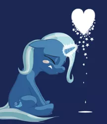 Size: 950x1100 | Tagged: safe, artist:jakneurotic, derpibooru import, trixie, pony, unicorn, blue background, crying, female, floppy ears, heart, magic, mare, missing accessory, sad, simple background, sitting, solo
