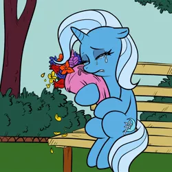 Size: 1000x1000 | Tagged: safe, artist:madmax, artist:plasters-ponies, derpibooru import, trixie, pony, unicorn, bench, colored, crying, female, mare, sitting, solo