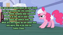 Size: 1280x720 | Tagged: safe, derpibooru import, edit, edited screencap, screencap, pinkie pie, pony, baby cakes, bronyetiquette, diaper, diaper on head, female, frown, impact font, indoors, mare, meta, open mouth, parody, solo, standing, wat