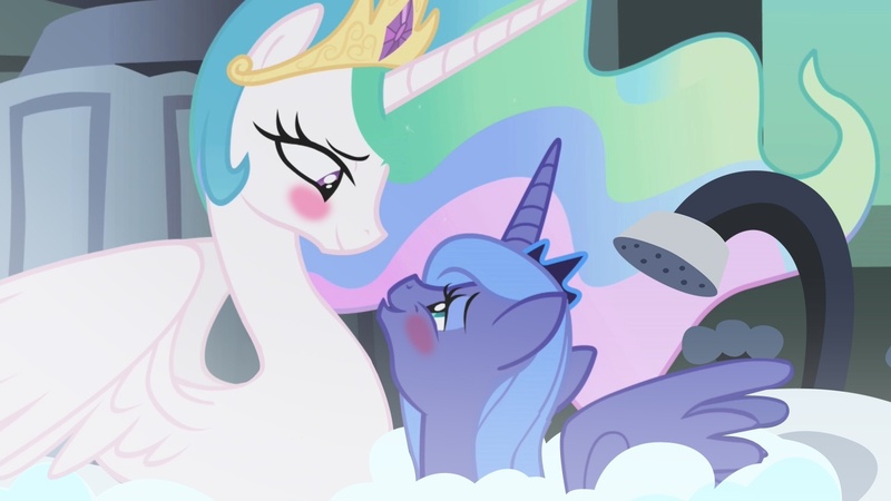 Size: 1280x720 | Tagged: safe, derpibooru import, edit, edited screencap, screencap, princess celestia, princess luna, alicorn, pony, friendship is magic, bath, bedroom eyes, blushing, bubble bath, eye contact, female, incest, lesbian, mare, princest, s1 luna, shipping, smiling, spread wings, swanlestia