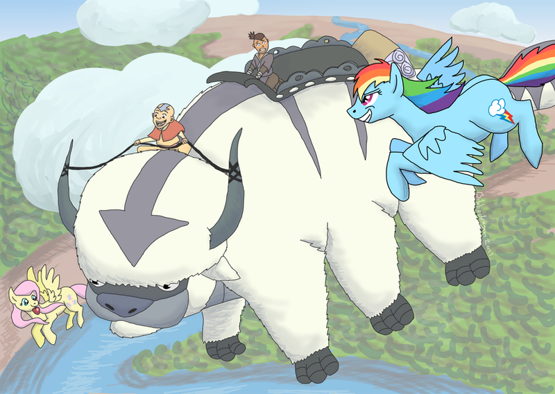 Size: 900x639 | Tagged: aang, appa, artist:bibliodragon, avatar the last airbender, crossover, derpibooru import, fluttershy, rainbow dash, safe, sokka