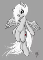 Size: 900x1253 | Tagged: safe, artist:tt-n, derpibooru import, oc, oc:eir, unofficial characters only, pegasus, pony, vampire, bipedal, grayscale, looking at you, monochrome, neo noir, partial color, solo, windswept mane
