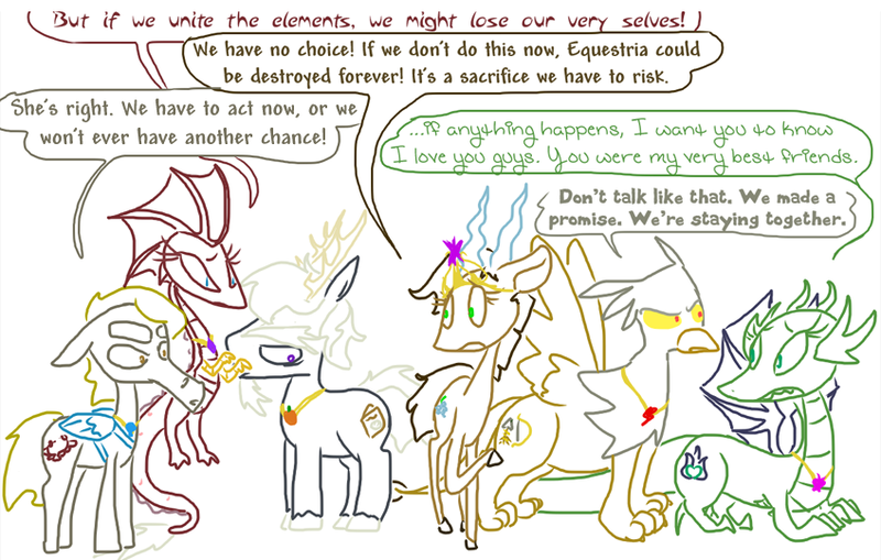 Size: 848x540 | Tagged: safe, artist:the weaver, derpibooru import, discord, oc, deer, dragon, gazelle, gryphon, pegasus, pony, sea serpent, and that's how discord was made, dialogue, elements of harmony, fusion, origins, sacrifice, sad, simple background, weaver you magnificent bastard, white background