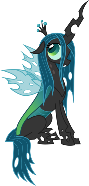 Size: 900x1880 | Tagged: artist:zimvader42, changeling, changeling queen, derpibooru import, fangs, female, looking back, queen chrysalis, safe, simple background, sitting, smiling, solo, transparent background, vector, wings