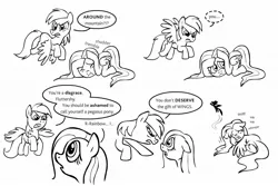 Size: 1263x842 | Tagged: anatomically incorrect, artist:shuffle001, comic, crying, derpibooru import, flutterbuse, fluttershy, incorrect leg anatomy, lineart, rainbow dash, rainbow douche, sad, safe