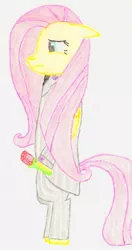 Size: 564x1071 | Tagged: safe, artist:dragoon, derpibooru import, fluttershy, pony, bipedal, clothes, female, floppy ears, flower, hoof hold, mare, profile, rose, solo, standing, suit, traditional art