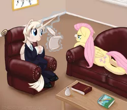Size: 1197x1036 | Tagged: safe, artist:hollowzero, derpibooru import, fluttershy, oc, oc:pearly gates, alicorn, pony, alicorn oc, couch, crying, quill, therapist