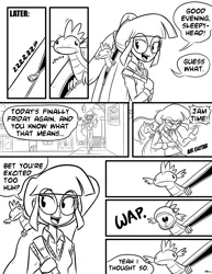 Size: 1280x1656 | Tagged: artist:megasweet, black and white, canter girls, comic, dead source, derpibooru import, dialogue, grayscale, humanized, lizard, monochrome, safe, speech bubble, spike, twilight sparkle, wap