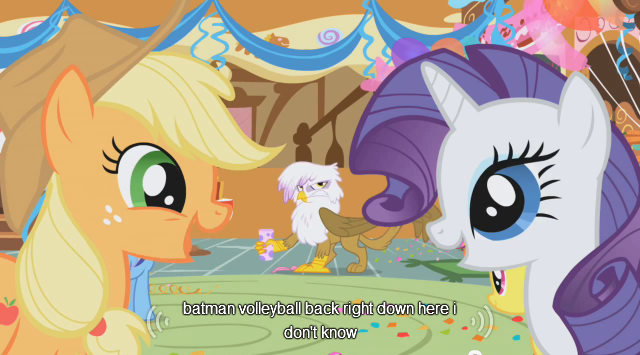 Size: 640x355 | Tagged: safe, derpibooru import, screencap, applejack, gilda, rarity, gryphon, batman, youtube caption