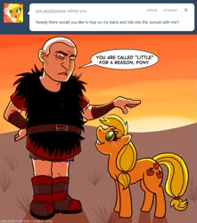 Size: 709x802 | Tagged: safe, derpibooru import, applejack, earth pony, human, pony, ask, asklord-caesar, caesar (fallout), duo, fallout: new vegas, female, male, man, mare, speech bubble, tumblr