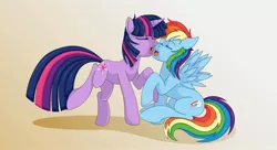 Size: 1980x1080 | Tagged: safe, artist:hara-shun, derpibooru import, rainbow dash, twilight sparkle, female, imminent kissing, lesbian, now kiss, shipping, twidash, wingboner