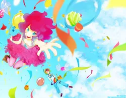 Size: 1148x888 | Tagged: action pose, artist:aquafeles, balloon, candy, clothes, cloud, cloudy, confetti, cupcake, derpibooru import, falling, fingerless gloves, food, gloves, goggles, humanized, pinkie pie, rainbow dash, safe, suspenders