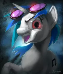 Size: 579x678 | Tagged: artist:hinoraito, bust, dead source, derpibooru import, evil laugh, looking at you, safe, solo, vinyl scratch