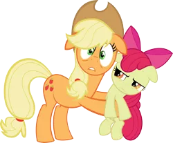 Size: 5657x4686 | Tagged: safe, artist:psyxofthoros, derpibooru import, apple bloom, applejack, pony, bridle gossip, absurd resolution, fourth wall, holding a pony, hug, looking at you, simple background, transparent background, vector