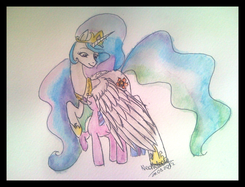 Size: 2704x2064 | Tagged: safe, artist:neomelody, derpibooru import, princess celestia, twilight sparkle, high res, traditional art