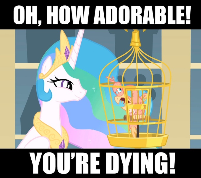 Size: 1144x1010 | Tagged: safe, derpibooru import, edit, edited screencap, screencap, philomena, princess celestia, alicorn, bird, phoenix, pony, a bird in the hoof, birdcage, duo, ethereal mane, female, mare, trollestia