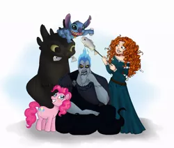 Size: 900x762 | Tagged: artist:redhead-k, brave, cooking, crossover, derpibooru import, disney princess, eating, fish, hades, hercules, how to train your dragon, lilo and stitch, merida, pinkie pie, safe, stitch, toothless the dragon