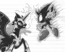 Size: 1140x925 | Tagged: artist:kryptid, crossover, dark sonic, dead source, derpibooru import, fight, lined paper, monochrome, nightmare moon, safe, sonic the hedgehog, sonic the hedgehog (series), sonic x, traditional art