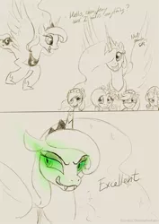 Size: 708x1000 | Tagged: safe, artist:celestiathegreatest, derpibooru import, applejack, fluttershy, princess celestia, princess luna, queen chrysalis, rainbow dash, rarity, alicorn, earth pony, pegasus, pony, unicorn, a canterlot wedding, bad end, dialogue, disguise, disguised changeling, female, lineart, mare