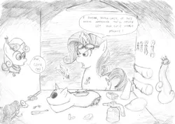 Size: 6388x4552 | Tagged: safe, artist:thekuto, derpibooru import, rarity, sweetie belle, pony, robot, robot pony, unicorn, absurd resolution, black and white, comic, cutie mark, dialogue, female, filly, foal, goggles, grayscale, hooves, horn, mare, modular, monochrome, open mouth, repairing, roboticist, sisters, sketch, sweetie bot, text, tools, traditional art, workshop