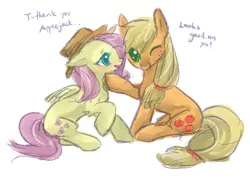 Size: 500x358 | Tagged: accessory swap, applejack, appleshy, artist:bato-riiche, artist:beato-riiche, blushing, cute, derpibooru import, female, floppy ears, fluttershy, lesbian, open mouth, raised hoof, safe, shipping, sitting, smiling, wink