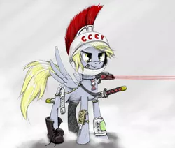 Size: 1148x972 | Tagged: safe, artist:madhotaru, derpibooru import, derpy hooves, pegasus, pony, fallout equestria, boot, cccp, female, helmet, katana, mare, predator, star wars, sword, warhammer (game), warhammer 40k, weapon